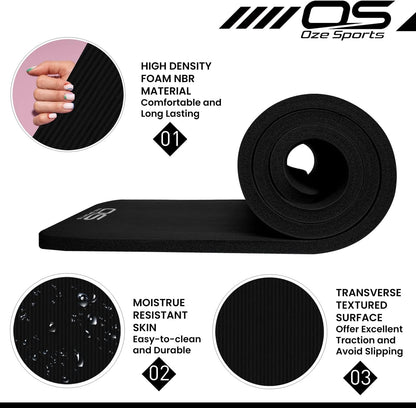 Yoga Mat, NBR Foam, Extra Thick, Non-Slip, High Density, Large, for Pilates, Gymnastics, Hiit and Fitness, with Free Carry Strap