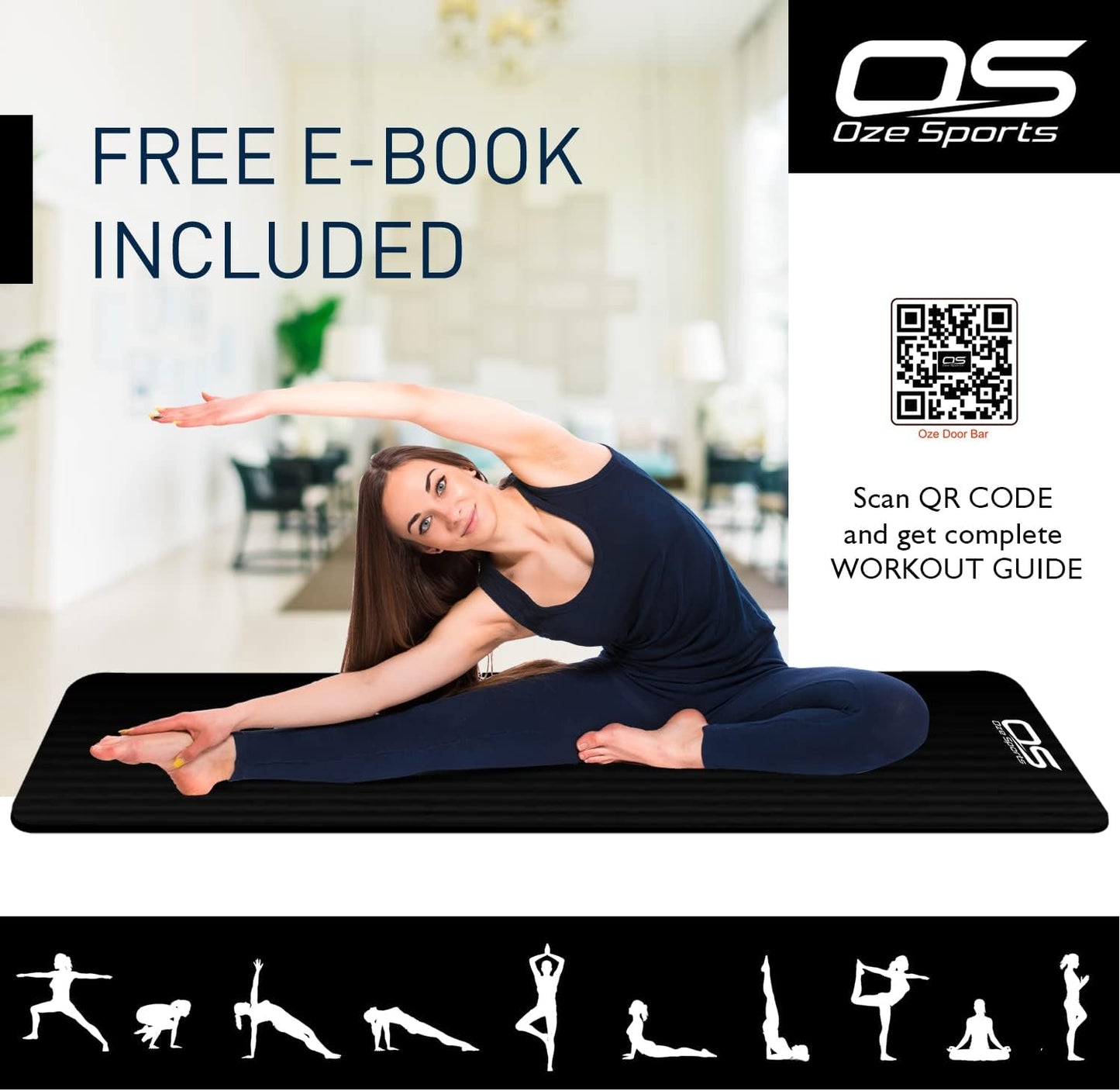 Yoga Mat, NBR Foam, Extra Thick, Non-Slip, High Density, Large, for Pilates, Gymnastics, Hiit and Fitness, with Free Carry Strap