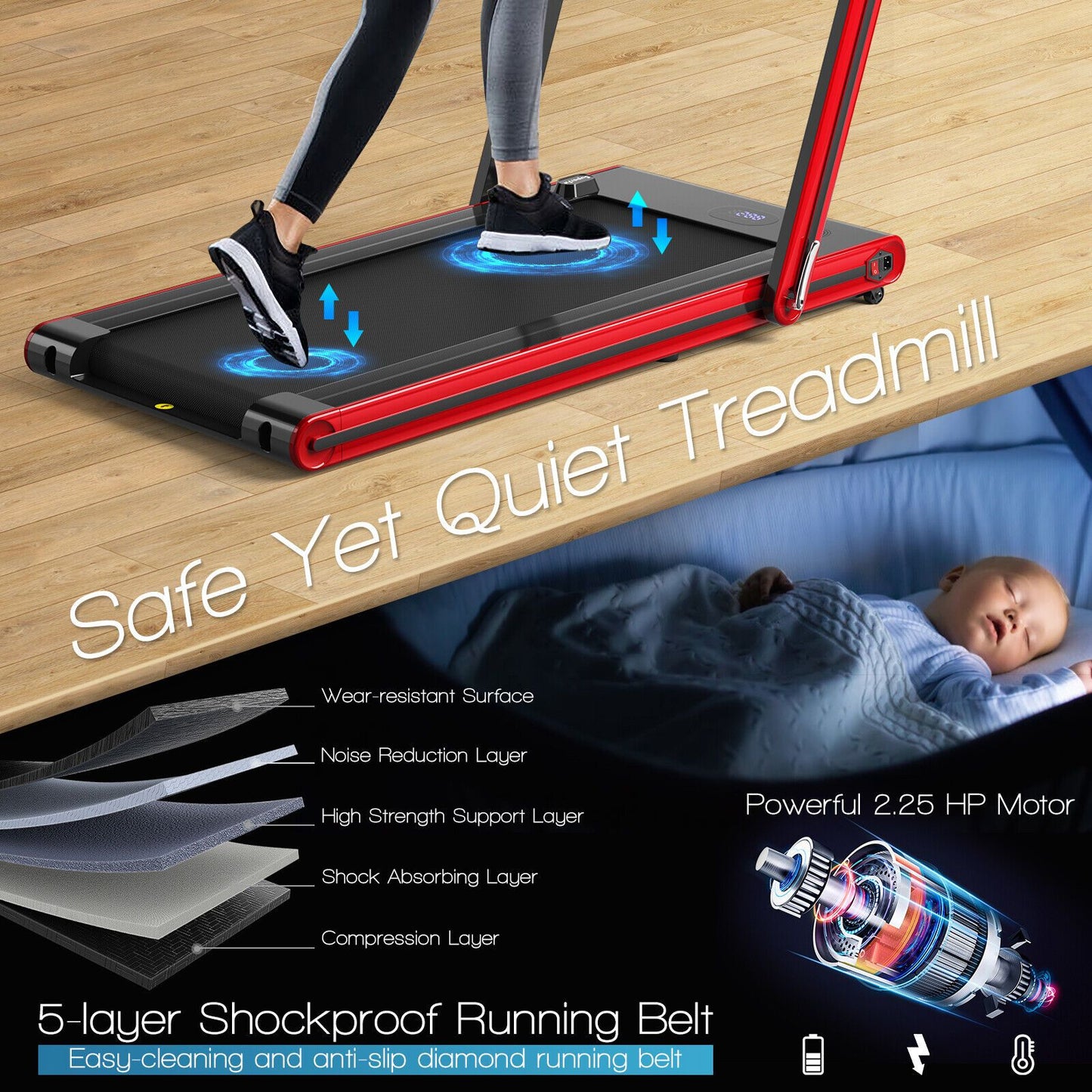 2-in-1 Under-Desk Folding Treadmill with Dual LED Display